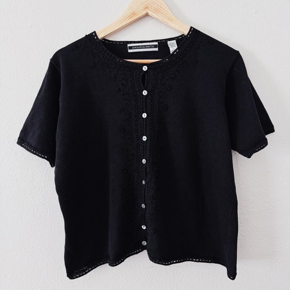 90s vintage knit button down top w/ embroidered beaded details and crochet trim